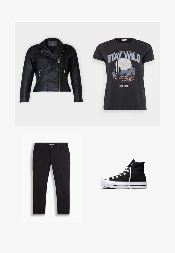 Sort læder bikerjakke med en tætsiddende pasform, klippede revers, to lynlåsforan lommer og strukturerede skulderdetaljer.; Sort bomulds t-shirt med et grafisk print af en ørken-scene med kaktusser, en måne og sætningen "STAY WILD" i blå skrifttype.; Sorte denim jeans med slim fit, fem-lomme design og en glat tekstur. Standard talje med bæltestropper og diskrete sømdetaljer.; Sort high-top canvas sneaker med hvid gummisål og hvide snørebånd, vist fra siden mod en hvid baggrund.