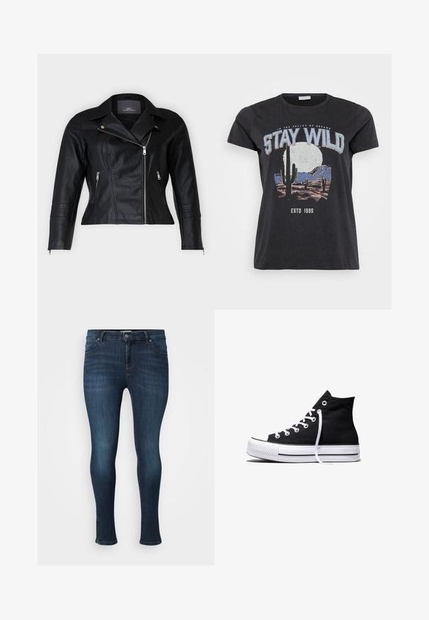 Schwarze Leder-Bikerjacke mit tailliertem Schnitt, eingekerbten Revers, zwei Reißverschlussfronttaschen und strukturierten Schulterakzenten.; Schwarzes Baumwoll-T-Shirt mit einem grafischen Druck einer Wüstenlandschaft mit Kakteen, einem Mond und dem Schriftzug "STAY WILD" in blauer Schrift.; Dunkelblaue schmal geschnittene Jeans mit vorderem Knopf, Reißverschluss, fünf Taschen und leichter Ausbleichung an den Oberschenkeln und Knien vor einem weißen Hintergrund.; Schwarzer High-Top-Canvas-Sneaker mit weißer Gummisohle und weißen Schnürsenkeln, seitlich dargestellt vor weißem Hintergrund.