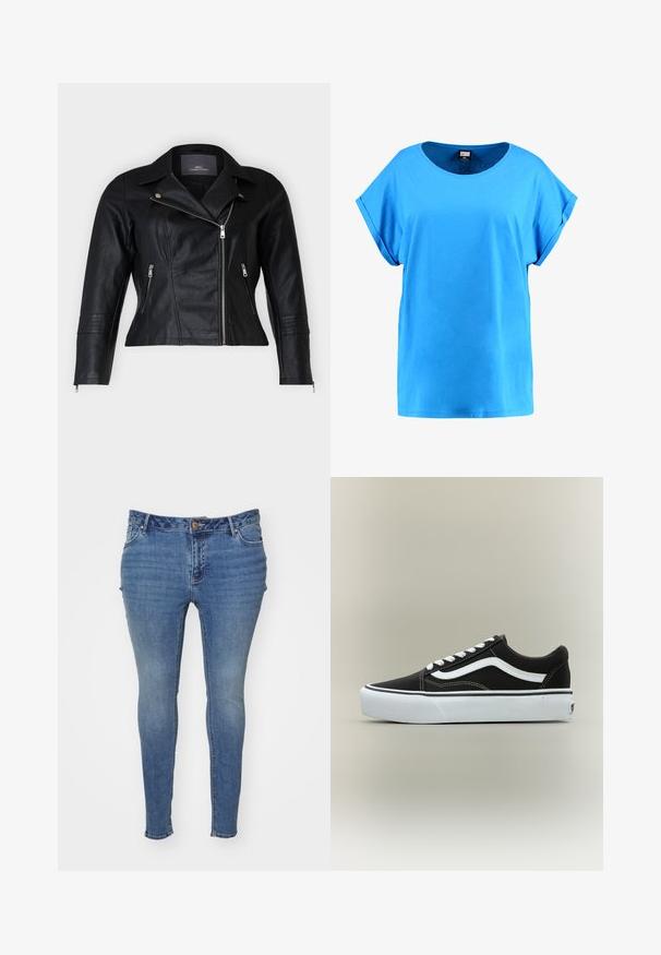 Schwarze Leder-Bikerjacke mit tailliertem Schnitt, eingekerbten Revers, zwei Reißverschlussfronttaschen und strukturierten Schulterakzenten.; Blaues Kurzarm-T-Shirt aus Baumwolle mit Rundhalsausschnitt. Es hat eine lockere Passform und eine glatte Textur; unifarben ohne Muster.; Schmale blaue Jeans aus Denim mit einem gewaschenen Finish. Verfügt über ein Fünf-Taschen-Design und einen Knopfverschluss an der Taille.; Niedriger schwarzer Sneaker mit weißem Seitenstreifen, weißen Schnürsenkeln, weißer Gummisohle und strukturierter Zehenkappe auf neutralem Hintergrund.