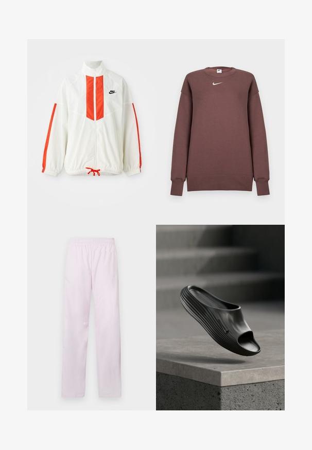 Valge tuulejope punaste vertikaalsete triipudega ja nööriga alumises osas. Omab püsti seisvat kraed ja esimest lukku. Nike logo rinnal.; Pruun Nike dressipluus pehmest kangast, ümmarguse kaelusega ja pikkade varrukatega. Rinnal väike valge logo.; Heledad roosa Nike spordipüksid elastse vöökohtaga, sirged sääred ja pehme valge Nike swoosh logo vasakul reiel.; Musta libisemisjalanõud avatud varbaga, sileda tekstuuri ja ribakujulise külje disainiga, millel on peen logo aktsent.