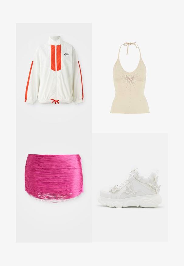 Valge tuulejope punaste vertikaalsete triipudega ja nööriga alumises osas. Omab püsti seisvat kraed ja esimest lukku. Nike logo rinnal.; Kreem värvi, nöörkaelusega tank-top pehmest kangast, millel on liblikadisain ja jaotatud kääbuste kivid. ; Roosa volditud kangas horisontaalsete joontega, ümar kuju ja kontrastse läikiva servaga. Silmapaistev värv ja siledad pinnad.; Valge turske toss paksu tallaga ning dekoratiivsete 3D liblikate aktsentidega külgedel, kinniste ja kandadel.