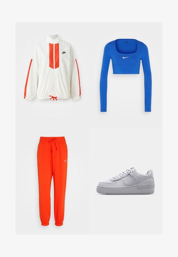 Valge tuulejope punaste vertikaalsete triipudega ja nööriga alumises osas. Omab püsti seisvat kraed ja esimest lukku. Nike logo rinnal.; Nike Sportswear W NSW LS CROP TOP SW - Pikkade varrukatega topp - game royal/phantom; Nike Sportswear W PHNX FLC HR OS - Dresside alumine osa - picante red/sail; Hallitus hallid Nike Air Force 1 sneakerid, millel on augustatud varvas, siledast nahast ülemine osa, paks tall ning reljeefne 'AIR' detail kontsapadjal.