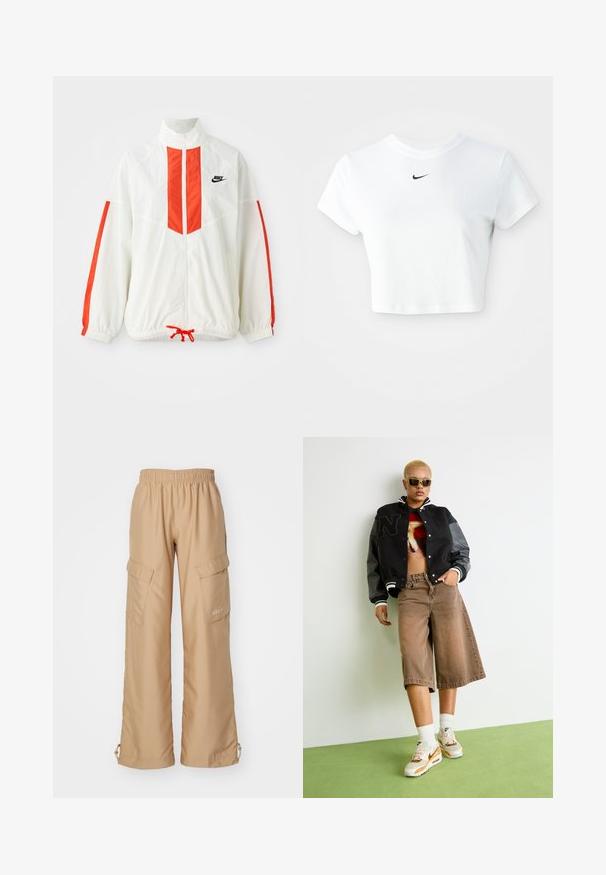 Weiße Windjacke mit roten vertikalen Streifen und Kordelzug am Saum. Verfügt über einen stehenden Kragen und einen Reißverschluss auf der Vorderseite. Nike-Logo auf der Brust.; Weißes, kurz geschnittenes T-Shirt aus Baumwolle mit kurzen Ärmeln und rundem Ausschnitt, versehen mit einem schwarzen Nike-Logo auf der Brust.; Nike Sportswear TREND - Cargohose - hemp; Person mit kurzen blonden Haaren, die Sonnenbrillen trägt, eine schwarze Varsity-Jacke, ein grafisches Crop-Top, braune weite Shorts und weiße Nike-Sneaker trägt, steht auf einem grünen Boden.