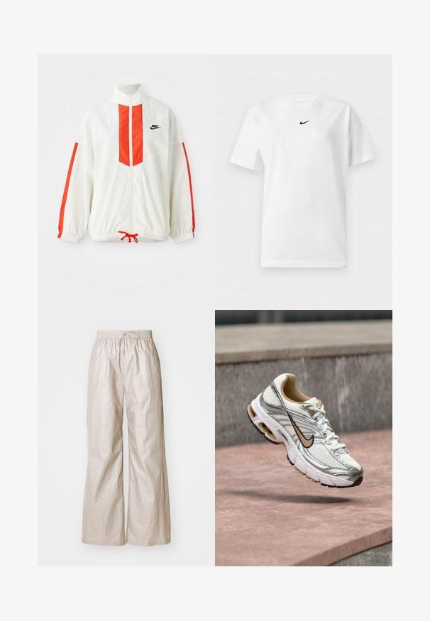 Weiße Windjacke mit roten vertikalen Streifen und Kordelzug am Saum. Verfügt über einen stehenden Kragen und einen Reißverschluss auf der Vorderseite. Nike-Logo auf der Brust.; Weißes T-Shirt mit kurzen Ärmeln und Rundhalsausschnitt, mit einem kleinen schwarzen Nike Swoosh-Logo zentriert nahe dem Kragen.; Helle beige weit geschnittene Hose aus zerknittertem Stoff, mit einem elastischen Bund und einer Kordelzug sowie seitlichen Taschen.; Weißer und silberner Nike Laufschuh mit beigem Swoosh-Logo, gezeigt schwebend über einer Steinoberfläche mit verschwommenem grauem Wandhintergrund.