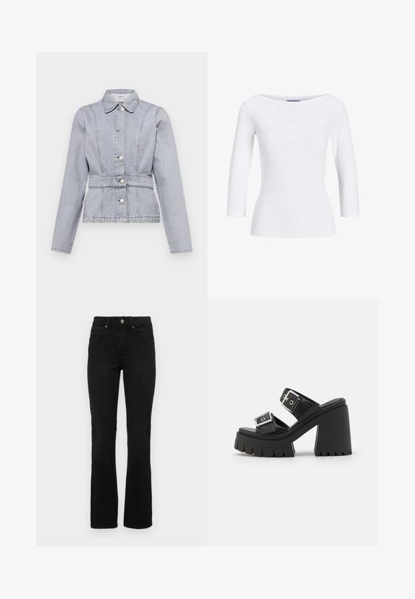 Lysegrå denimjakke med krave, trykknapper, figursyet talje og subtile syninger. Lange ærmer med en struktureret design.; Hvid, ribbet langærmet top med bådudskæring. Stoffet er glat, tætsiddende og har en ren afslutning ved manchetterne og kanten.; Sorte denimjeans med en flagrende benedesign, mellemhøj talje, fem lommer og knaplukning. Materialet har en glat, robust tekstur.; Sorte platform sandaler med to brede stropper med sølvhardware, en kraftig høj hæl og en tekstureret gummisål.
