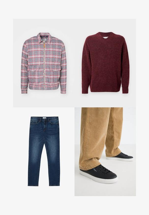 Grå og rød ternet jakke med lynlås foran, to forlommer og en simpel krave. Lavet af et struktureret stof. Casual design.; Bordeaux uldtrøje med V-hals, lange ærmer og ribkant ved ærmer og nederdel. Blød tekstur og afslappet pasform, ideel til lag-på-lag.; Mørkeblå slim-fit jeans med falmede detaljer, klassisk fem-lomme design, knappelukning og bæltestropper.; Sorte lædersneakers med hvide gummisåler. Båret med tanfarvede corduroybukser med vertikale ribber og en afslappet pasform.
