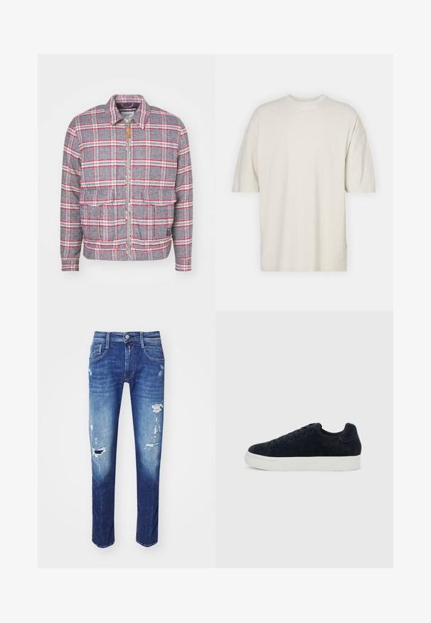 Grå og rød ternet jakke med lynlås foran, to forlommer og en simpel krave. Lavet af et struktureret stof. Casual design.; Kortærmet t-shirt med rund hals i off-white bomuld, der har en afslappet pasform og blød tekstur, uden synlige mønstre eller accenter.; Mørkeblå denimjeans med rifter, fem-lommes design og subtilt slid. Lige ben med en ren kant.; Sort lavtop sneakers i ruskind med sorte snørebånd og tyk hvid gummisål, set fra siden mod en ensartet lysegrå baggrund.