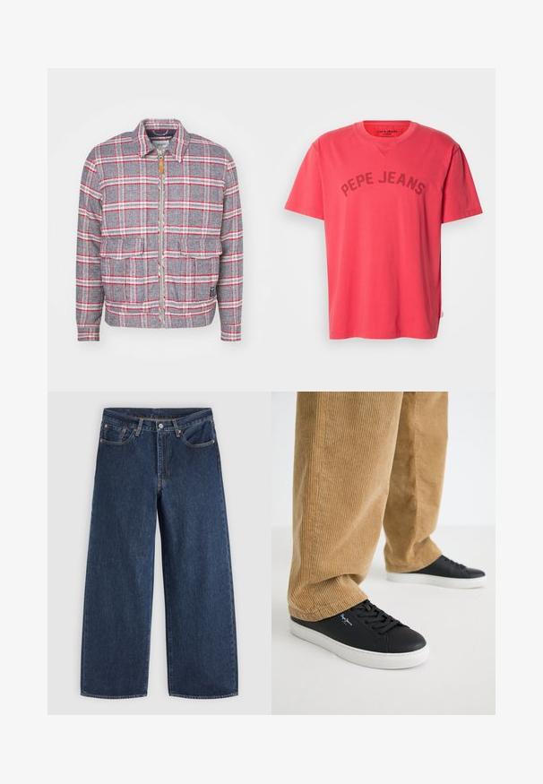 Grå og rød ternet jakke med lynlås foran, to forlommer og en simpel krave. Lavet af et struktureret stof. Casual design.; Koralfarvet bomulds-T-shirt med korte ærmer og rund halsudskæring. Har "PEPE JEANS" trykt i mørke bogstaver hen over brystet.; Mørkeblå vidde jeans med forlommer, knaplukning og bæltestropper, lagt fladt på en lys baggrund.; Sorte lædersneakers med hvide gummisåler. Båret med tanfarvede corduroybukser med vertikale ribber og en afslappet pasform.