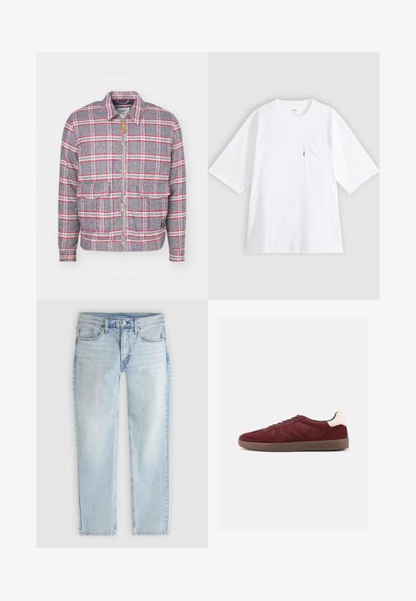 Grå og rød ternet jakke med lynlås foran, to forlommer og en simpel krave. Lavet af et struktureret stof. Casual design.; Hvid bomulds-T-shirt med korte ærmer, rund hals og lomme på venstre bryst. Har en lille rød logoetiket på lommen.; Lyseblå jeans med lige ben, frontlås med knap og lynlås, lommer foran og bagpå samt synlige sømdetaljer.; Bordeaux ruskindsneaker med snørelukning foran, tekstureret sideudformning og lysfarvet hælaccents. Gummisål med glat finish.