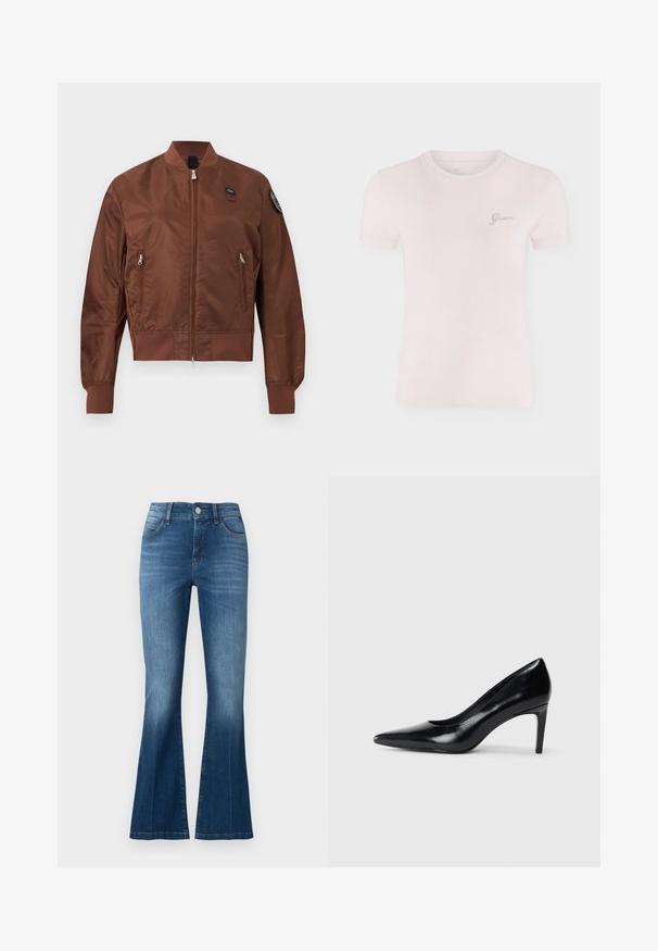 Veste bomber marron avec fermeture éclair à l'avant, deux poches zippées, poignets et ourlet côtelés, et un écusson sur le haut de la manche gauche.; T-shirt rose clair à manches courtes et col rond avec petit logo argenté "Guess" sur le côté gauche de la poitrine.; Jeans flare en denim bleu avec bouton sur le devant, fermeture éclair et design cinq poches, présentant une légère décoloration sur les cuisses et les genoux.; Chaussure à talon haut en cuir noir avec un bout pointu, texture lisse et un talon effilé. Design minimaliste, sans embellissements supplémentaires.
