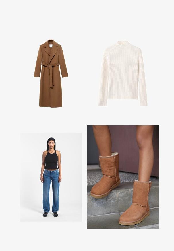 Manteau long en laine marron avec col cranté, manches longues et ceinture à nouer. Présente une coupe ajustée et une texture lisse.; Pull à col roulé côtelé en blanc cassé, fabriqué en tissu tricoté doux. Caractéristiques : manches longues et silhouette ajustée.; Femme aux longs cheveux portant un débardeur noir, un jean bleu, des chaussures noires et un bandeau noir, debout sur un fond blanc.; Bottines en suede marron, à bout rond, avec une doublure douce et une semelle en caoutchouc, présentant des détails de couture visibles le long des coutures.