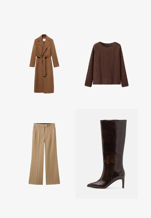 Manteau long en laine marron avec col cranté, manches longues et ceinture à nouer. Présente une coupe ajustée et une texture lisse.; Pull marron tricoté à manches longues avec un col rond et une coupe légèrement ample, présenté sur un fond blanc.; Pantalon beige à jambes larges avec passants de ceinture, poches avant et fermeture avant dissimulée, présenté sur un fond blanc.; Call it Spring RHODDE - Bottes à talons hauts - medium brown