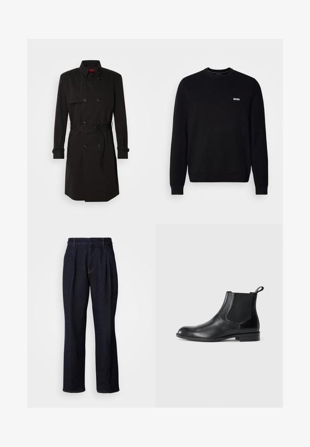 Zwarte trenchcoat met een dubbelzijdig ontwerp, grote knopen, een tailleband en een hoge kraag. Gladde stof met een matte afwerking.; Zwarte langwerpige crewneck trui met klein wit 'BOSS' logo op de linker borst, geribde mouwen en zoom, gepresenteerd tegen een witte achtergrond.; Donkerblauwe denim jeans met wijde pijpen, inclusief voorplooien en oranje stiksels, weergegeven op een witte achtergrond.; Zwarte leren enkelboot met elastische zijpanelen, ronde neus en een trekhaak. Gladde textuur, platte zool, minimalistisch ontwerp.
