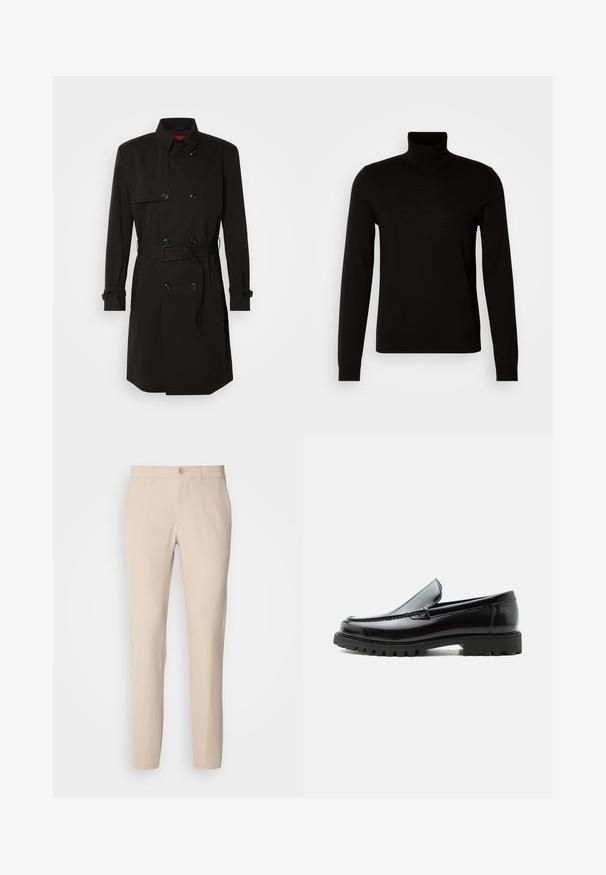 Schwarzer Trenchcoat mit einem doppelt knöpfbaren Design, großen Knöpfen, einem taillierten Gürtel und einem hohen Kragen. Glattes Material mit matter Oberfläche.; Schwarzer Rollkragenpullover aus feiner Strickware, mit langen Ärmeln und taillierter Silhouette. Glatte Textur mit gerippten Bündchen.; Beige Hose aus weichem Stoff, mit Knopfverschluss, geradem Schnitt und seitlichen Taschen. Glatte Textur mit minimalen Nähdetails.; Schwarzer Lederloafer mit grober Gummisohle, genähter Oberseite und geprägtem Markennamen an der Ferse, seitlich auf weißem Hintergrund gezeigt.