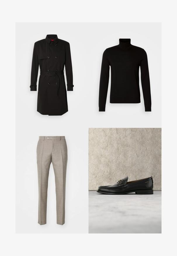 Zwarte trenchcoat met een dubbelzijdig ontwerp, grote knopen, een tailleband en een hoge kraag. Gladde stof met een matte afwerking.; Zwarte coltrui van fijn gebreide stof, met lange mouwen en een getailleerde pasvorm. Gladde textuur met geribbelde manchetten.; Beige maatwerk broeken met een gestructureerde afwerking, voorzien van een knoopsluiting en twee zijzakken. Gestructureerd ontwerp met een rechte pijp.; Zwarte leren loafer met gouden metalen gesp en "HUGO" branding, weergegeven tegen een beige tapijt en bruin doorschijnend meubilair.