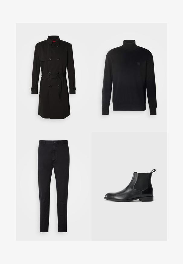 Schwarzer Trenchcoat mit einem doppelt knöpfbaren Design, großen Knöpfen, einem taillierten Gürtel und einem hohen Kragen. Glattes Material mit matter Oberfläche.; Schwarzer Rollkragenpullover mit langen Ärmeln, geripptem Kragen und Bündchen, aus einem glatten Stoff gefertigt. Mit einem kleinen Logo-Patch auf der Brust.; Schwarze Chinos mit glatter Textur, Knopfverschluss und tailliertem Design. Ideal für legere oder semi-formelle Anlässe.; Schwarze Leder-Stiefelette mit elastischen Seiteneinsätzen, abgerundeter Zehenpartie und einem Zugschlauf. Glatte Textur, flache Sohle, minimalistisches Design.