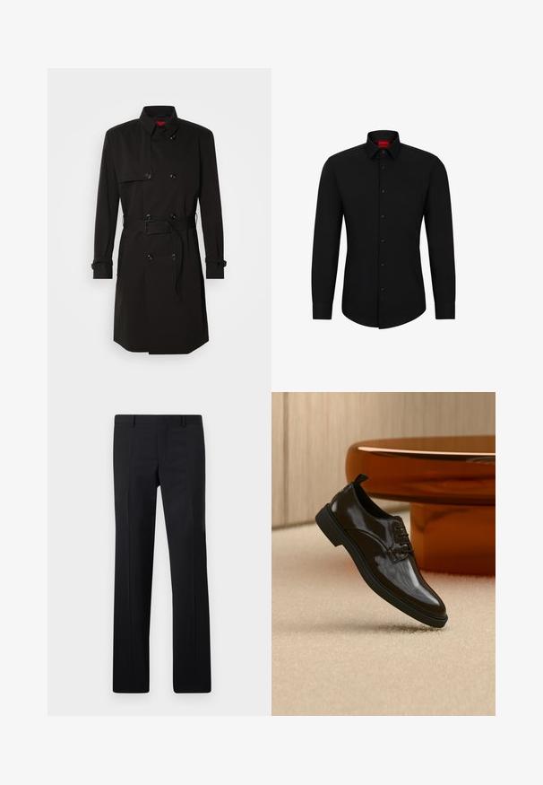 Schwarzer Trenchcoat mit einem doppelt knöpfbaren Design, großen Knöpfen, einem taillierten Gürtel und einem hohen Kragen. Glattes Material mit matter Oberfläche.; Schwarzes Langarmhemd mit Knopfleiste, klassischem Kragen und abgerundetem Saum; verfügt über schwarze Knöpfe und ein rotes Logo im Kragen.; Schwarze maßgeschneiderte Hose mit geradem Schnitt, scharfen Falten und glatter Oberfläche. Hergestellt aus leichtem Stoff mit einem sauberen Bund.; Schwarzer glänzender Lederschnürschuh, der über einem beigen Teppich mit einem glänzenden braunen runden Tisch im Hintergrund schwebt.