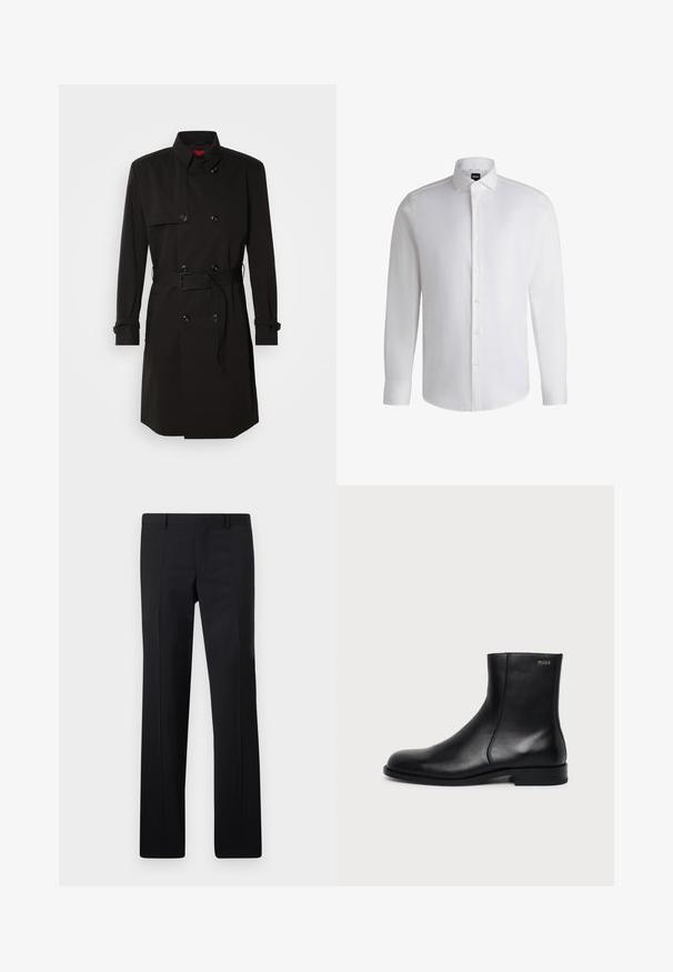 Zwarte trenchcoat met een dubbelzijdig ontwerp, grote knopen, een tailleband en een hoge kraag. Gladde stof met een matte afwerking.; Witte lange mouwen shirt van soepel katoen, met een klassieke kraag, volledige knoopsluiting en knoopmanchetten. Minimalistisch ontwerp.; Zwarte op maat gemaakte pantalon met een recht model, scherpe plooien en een gladde afwerking. Gemaakt van lichtgewicht stof met een strakke tailleband.; Zwarte leren enkellaars met lage hak, zijstiksels en klein "HUGO" logo op de bovenste boord tegen een effen achtergrond.