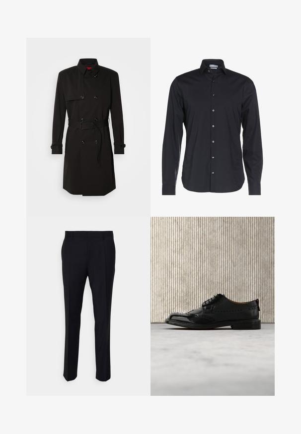 Schwarzer Trenchcoat mit einem doppelt knöpfbaren Design, großen Knöpfen, einem taillierten Gürtel und einem hohen Kragen. Glattes Material mit matter Oberfläche.; Schwarzes Langarmshirt aus glattem Stoff. Verfügt über einen Button-Down-Kragen, eine vordere Knopfverschluss und ein dezentes Logo auf der Brust.; Schwarze Hose aus gewebtem Stoff, mit taillierter Passform, flachem Bund, seitlichen Taschen und geradem Bein.; Schwarzer Leder-Brogue-Schuh mit Wingtips, der über einem beigefarbenen Teppich in der Nähe eines gebogenen orangenen Möbels schwebt.