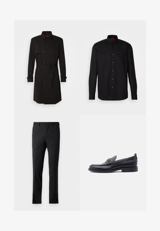 Abrigo negro de trench con diseño de doble botonadura, grandes botones, cintura con cinturón y cuello alto. Tejido suave con un acabado mate.; Camisa negra de manga larga hecha de una tela suave, con un cuello clásico con tapa, cierre frontal de botones y un ajuste entallado.; Pantalones negros con un corte ajustado, que presentan un frente plano, dos pliegues, pasadores para cinturón y una textura suave. Sin patrones ni accesorios visibles.; Mocasín de cuero negro con empeine gris texturizado, detalle de hebilla metálica plateada, tacón bajo y lengüeta para tirar en la parte trasera.