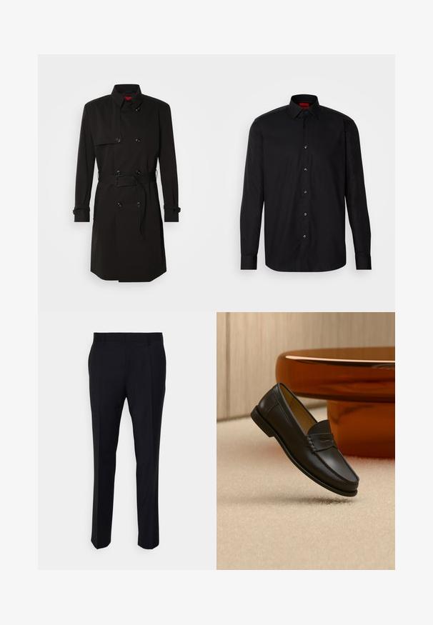 Zwarte trenchcoat met een dubbelzijdig ontwerp, grote knopen, een tailleband en een hoge kraag. Gladde stof met een matte afwerking.; Zwarte longsleeve shirt van gladde stof, met een klassieke kraag, knoopsluiting aan de voorkant en een getailleerde pasvorm.; Zwarte broeken gemaakt van geweven stof, met een getailleerde pasvorm, een vlakke voorkant, zijzakken en een rechte pijpdesign.; Zwarte leren loaferschoen zwevend boven een beige tapijt met amberkleurige moderne meubels op de achtergrond.