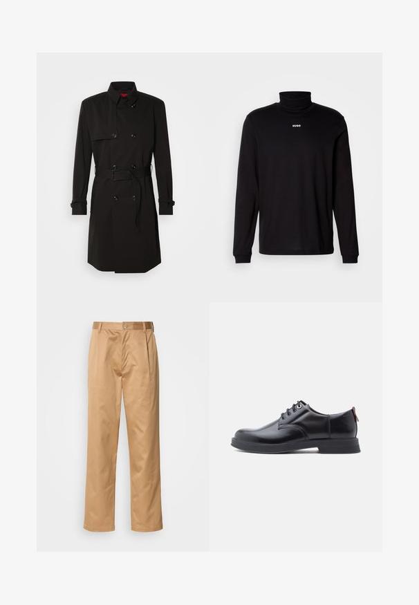 Zwarte trenchcoat met een dubbelzijdig ontwerp, grote knopen, een tailleband en een hoge kraag. Gladde stof met een matte afwerking.; Zwarte turtleneckshirt met lange mouwen, gemaakt van soepel materiaal, met een witte "HUGO" logo op de borst, en met aansluitende manchetten en zoom.; Khaki broek, katoenmix, recht model, voorplooien, riemlussen en knoopsluiting. Gladde textuur zonder patronen.; Zwarte leren veter schoenen met een gladde textuur, ronde neus en subtiel stiksel detail. Voorzien van een rode trekband op de hiel.
