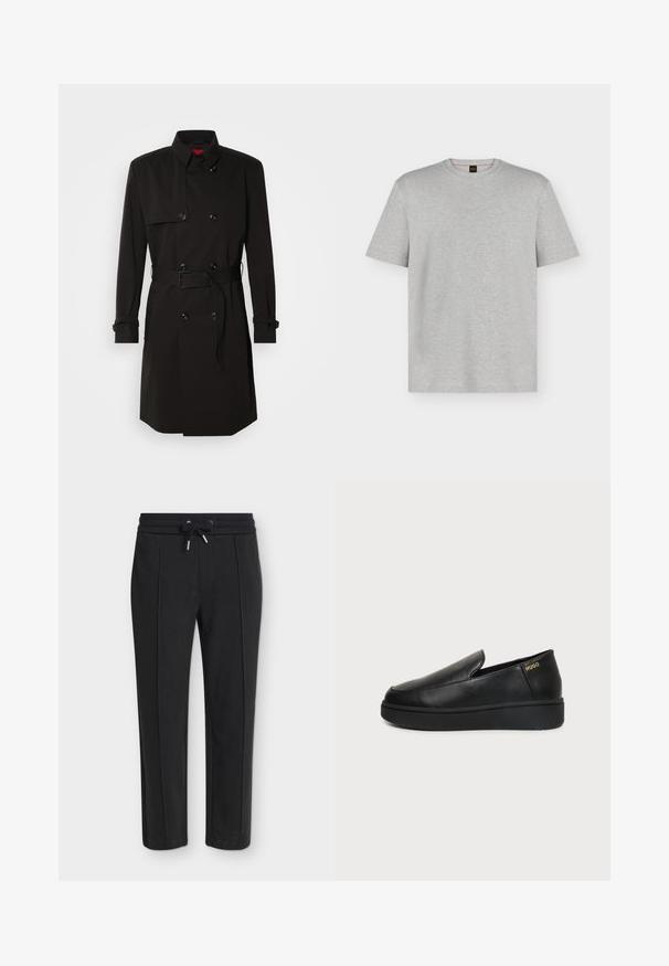Schwarzer Trenchcoat mit einem doppelt knöpfbaren Design, großen Knöpfen, einem taillierten Gürtel und einem hohen Kragen. Glattes Material mit matter Oberfläche.; Hellgraues T-Shirt mit kurzen Ärmeln und Rundhalsausschnitt, mit dezent geprägt "BOSS"-Logo mittig auf der Brust.; Schwarze, schmal zulaufende Hose mit elastischem Bund und Kordelzug, mit feiner vertikaler Rippenstruktur.; Schwarzer Lederschlupfschuh mit dicker Sohle und kleinen seitlichen Belüftungslöchern, mit goldenem "HUGO"-Logo nahe der Ferse.
