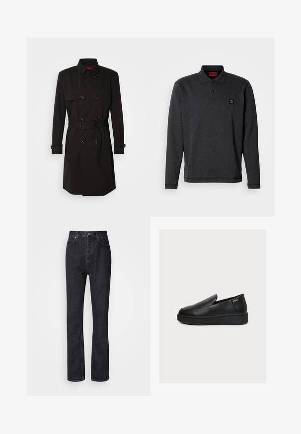 Zwarte trenchcoat met een dubbelzijdig ontwerp, grote knopen, een tailleband en een hoge kraag. Gladde stof met een matte afwerking.; Polo met lange mouwen in donkergrijze stof, voorzien van een klassieke kraag, een knoopsluiting met twee knopen en een klein zwart logo op de borst.; Hoge taille zwarte denim jeans met een knoop- en ritssluiting, voor- en achterzakken en een rechte pasvorm.; Zwarte leren slip-on platformschoen met dikke zool en klein gouden "HUGO" logo nabij de hiel op een effen lichte achtergrond.