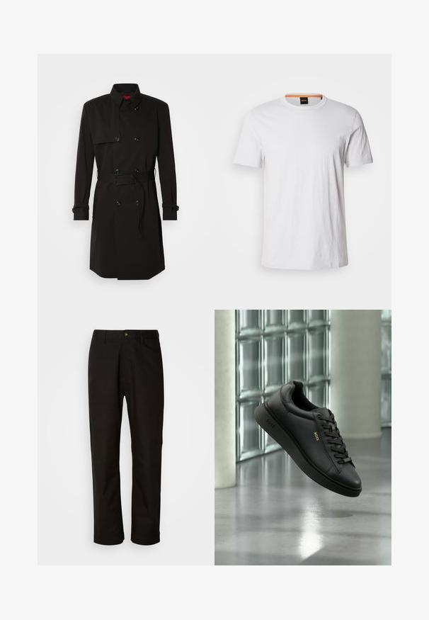 Zwarte trenchcoat met een dubbelzijdig ontwerp, grote knopen, een tailleband en een hoge kraag. Gladde stof met een matte afwerking.; Witte korte mouwen t-shirt van zachte katoen, met een ronde halslijn en subtiele logo-details in bijpassend wit op de voorkant.; Zwarte katoenen broek met een rechte snit, riemlussen, een ritssluiting aan de voorkant en een enkele knoopsluiting. Soepele textuur zonder zichtbare patronen.; Zwarte leren BOSS sneaker met veters die binnenshuis zweeft tegen een glazen blokkenmuur en een betonnen vloer op de achtergrond.