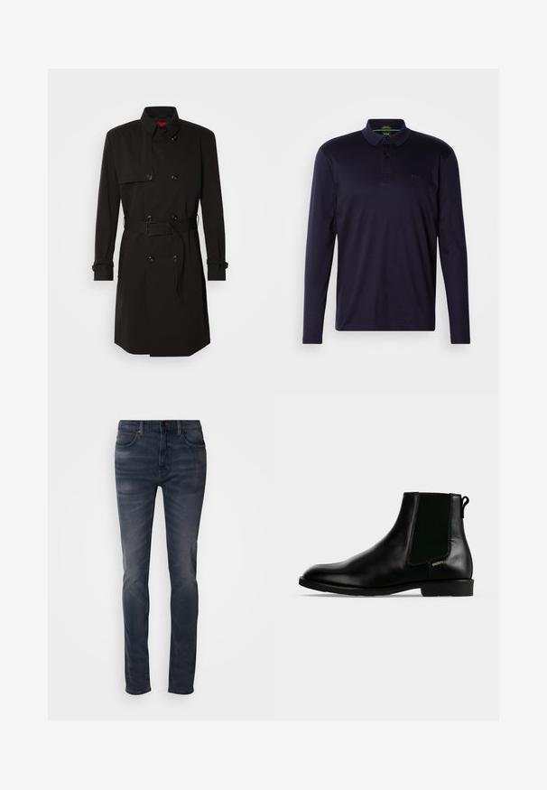 Zwarte trenchcoat met een dubbelzijdig ontwerp, grote knopen, een tailleband en een hoge kraag. Gladde stof met een matte afwerking.; Marineblauw poloshirt met lange mouwen, gemaakt van zacht katoen, met een drie-knopen sluiting en geborduurd logo op de borst. Gladde textuur.; Donkergewassen denim jeans met een slanke pasvorm, voorzien van een knoopsluiting, vijf zakken en subtiele vervaging. Rechte pijp met een gladde textuur.; Zwarte leren enkellaars met elastische zijpaneel, lage hak, trek lus aan de achterkant en klein gouden "HUGO" logo aan de buitenkant.