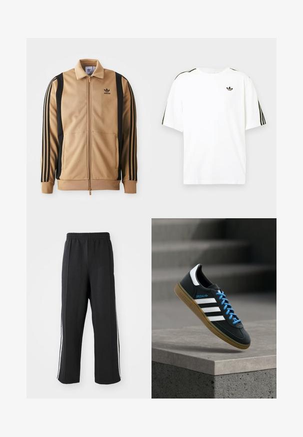 Tan värvitud tõmblukuga sportjakk, mis on valmistatud tekstuuriga kangast, mustade vertikaalsete triipudega varrukatel ja Adidas logo rinnal.; Valge puuvillane t-särk lühikeste varrukatega, millel on mustad kolmerealised aktsendid õlgadel ja väike must logo rinnal.; Mustad mustad püksid elastse vöökoha ning valgete küljeribadega, lõdva istuvusega. Valmistatud pehmest ja venivast kangast.; Must Adidas toss valgete triibu, siniste paelte ja kummist tallaga, hõljuv pehme valgusega halli betoonastme kohal.