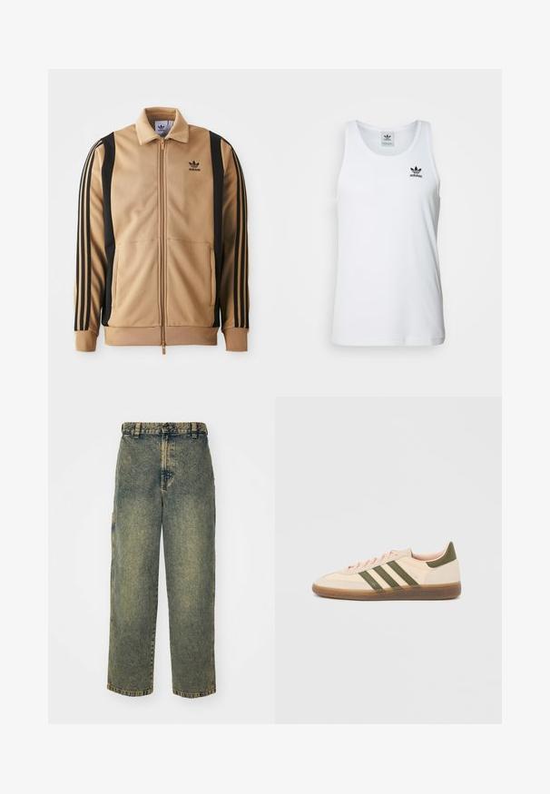 Cognacová zipsová športová bunda vyrobená z textúrovanej látky, s čiernymi vertikálnymi pruhmi na rukávoch a logom Adidas na hrudi.; Biely rebrovaný tielko s okrúhlym výstrihom, čiernym logom Adidas na ľavej hrudi a bez rukávov. Mäkko bavlnený materiál, voľný strih.; Voľné denimové nohavice v bledom modrom a zelenom umývaní. Obsahujú zapínanie na gombík, pútka na opasok a bočné vrecká. Rovný strih a priame nohavice.; Nízky béžový tenisky Adidas Spezial so zelenými pruhmi, gumovou podrážkou a nápisom „SPEZIAL“ na boku, zobrazené z vonkajšej strany.