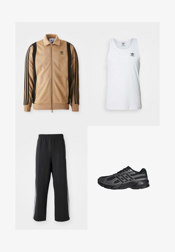 Tan-gefärbte Zip-Jacke aus strukturiertem Stoff, mit schwarzen vertikalen Streifen an den Ärmeln und einem Adidas-Logo auf der Brust.; Weißes geripptes Tanktop mit Rundhalsausschnitt, schwarzem Adidas-Logo auf der linken Brust und ohne Ärmel. Weiches Baumwollmaterial, lässige Passform.; Schwarze Jogginghose mit elastischem Bund, ausgestattet mit weißen seitlichen Streifen und einem lässigen Schnitt. Hergestellt aus weichem, dehnbarem Stoff.; Schwarze Sportschuhe aus Netz- und synthetischem Material, mit einer strukturierten Oberfläche, mehreren grauen Streifen und einem gepolsterten Schaft.