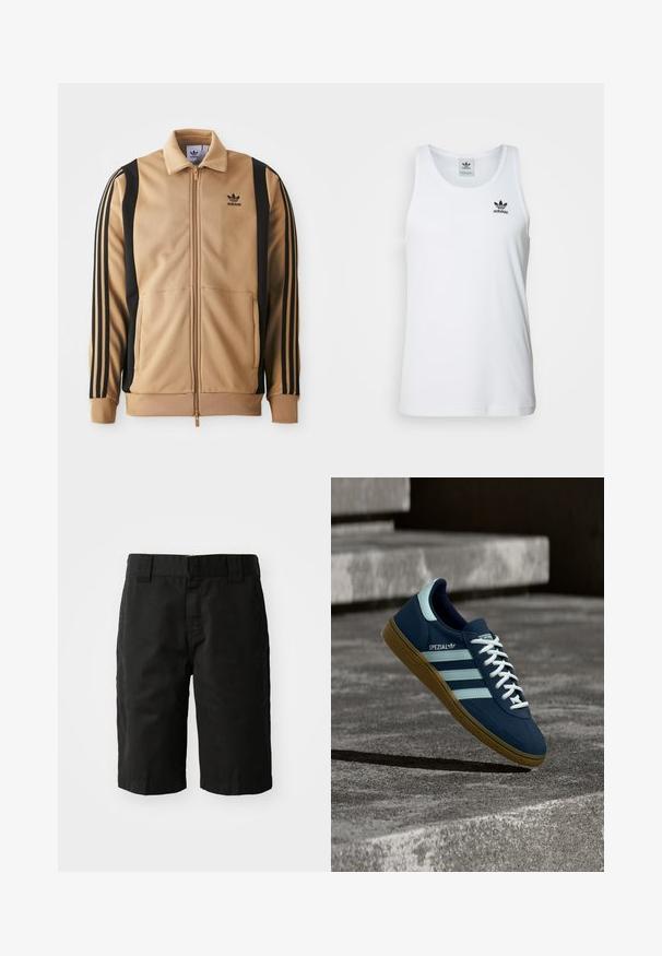 Tan värvitud tõmblukuga sportjakk, mis on valmistatud tekstuuriga kangast, mustade vertikaalsete triipudega varrukatel ja Adidas logo rinnal.; Valge sooniline tank top ümmarguse kaelusega, must Adidas logo vasakul rinnal ning ilma varrukateta. Pehme puuvillane materjal, juhuslik sobivus.; Mustad puuvillased lühikesed püksid sirge lõikega, vöö jaoks silmadega ja lame ees. Omab taskuid külgedel ja sujuvat tekstuuri.; Sinine Adidas Spezial tennisk, valgete triipude ja paeltega, kummist tallaga, hõljub kareda betoonpinna ja sammude kohal taustal.