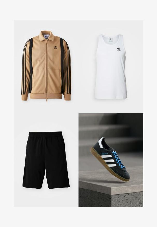 Tan zippered træningsjakke lavet af tekstureret stof, med sorte vertikale striber på ærmerne og et Adidas-logo på brystet.; Hvid ribbet tanktop med rund halsudskæring, sort Adidas-logo på venstre bryst og uden ærmer. Blødt bommateriale, afslappet pasform.; Sorte atletiske shorts lavet af syntetisk materiale, med en elastisk talje og sidelommer. Glat tekstur uden synlige mønstre.; Sort Adidas sneaker med hvide striber, blå snørebånd og gummisål, der svæver over gråt betontrin i blødt lys.