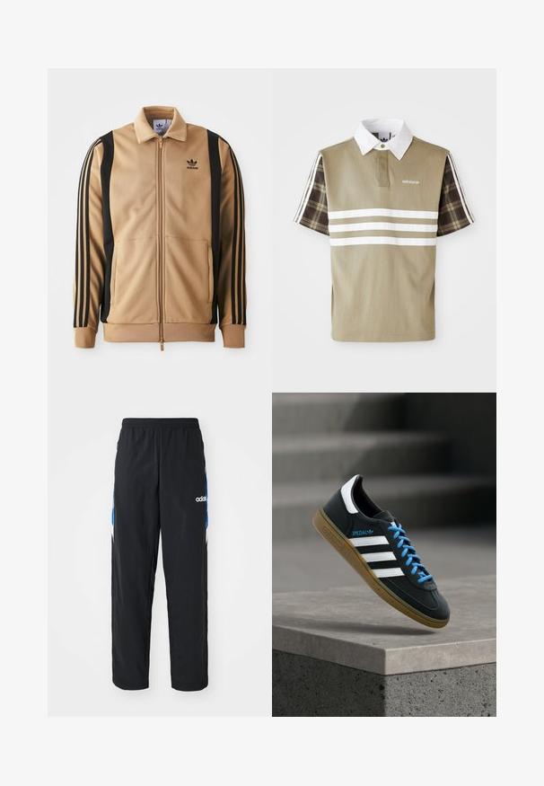 Tan-gefärbte Zip-Jacke aus strukturiertem Stoff, mit schwarzen vertikalen Streifen an den Ärmeln und einem Adidas-Logo auf der Brust.; Poloshirt in Olivgrün mit weißen Streifen und einem karierten Muster an den kurzen Ärmeln. Mit einem weißen Kragen und Logo auf der Brust.; Schwarze Sporthose mit elastischem Bund, ausgestattet mit blauen und weißen grafischen Akzenten an den Seiten und einem gestickten Logo.; Schwarzer Adidas-Sneaker mit weißen Streifen, blauen Schnürsenkeln und Gummisohle, der über einer grauen Betontreppe im weichen Licht schwebt.