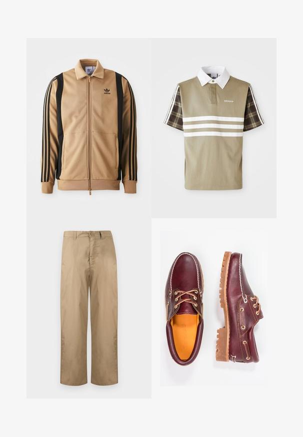Veste de survêtement zippée de couleur bronze, fabriquée en tissu texturé, avec des rayures verticales noires sur les manches et un logo Adidas sur la poitrine.; Polo en vert olive avec des rayures blanches et un motif à carreaux sur les manches courtes. Il présente un col blanc et un logo sur la poitrine.; Pantalons beige à jambes droites avec passants pour ceinture, fermeture par bouton et braguette zippée, présentés sur un fond clair uni.; Chaussures en cuir bourgogne avec semelles en caoutchouc marron, bout rond, couture blanche et œillets dorés. L'intérieur présente une doublure jaune.