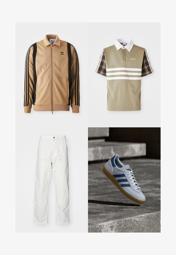 Tan zippered træningsjakke lavet af tekstureret stof, med sorte vertikale striber på ærmerne og et Adidas-logo på brystet.; Polo skjorte i olivengrøn med hvide striber og et ternet mønster på de korte ærmer. Har en hvid krave og logo på brystet.; Hvide bomulds cargo bukser med en afslappet pasform. Funktioner inkluderer for- og baglommer, guldfarvede hardware detaljer og forstærkede knæsektioner.; Lyseblå Adidas Spezial sneakers med marineblå striber og gummisål, vist i luften over betontrapper i et neutralt udendørsmiljø.