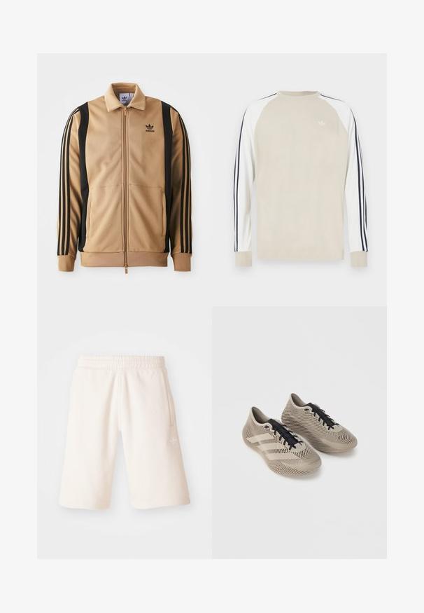 Tan zippered træningsjakke lavet af tekstureret stof, med sorte vertikale striber på ærmerne og et Adidas-logo på brystet.; Beige langærmet skjorte med hvide raglanærmer og marineblå striber langs siderne. Har en lille hvid logo på brystet.; Cremefarvede bomuldsshorts med elastisk talje, sidelommer og et diskret logo på venstre ben. Glat tekstur og knælængde design.; Par beige sportssko med sorte snørebånd, med et tekstureret, stribet mønster og tre side striber på en ensfarvet baggrund.