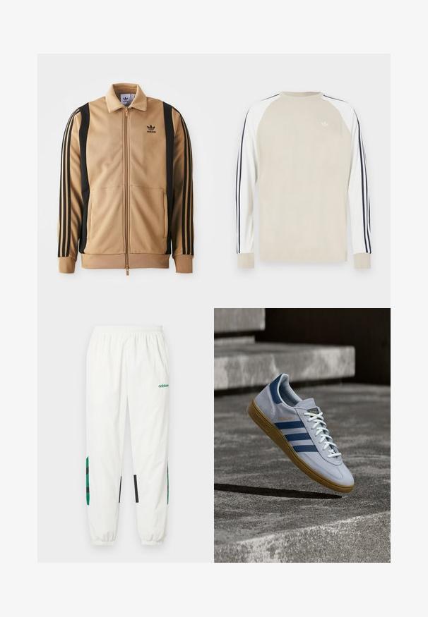 Tan zippered træningsjakke lavet af tekstureret stof, med sorte vertikale striber på ærmerne og et Adidas-logo på brystet.; Beige langærmet skjorte med hvide raglanærmer og marineblå striber langs siderne. Har en lille hvid logo på brystet.; Hvide atletikbukser lavet af let materiale med grønne og sorte accenter på siderne, med elastisk taljebånd og buksekant.; Lyseblå Adidas Spezial sneakers med marineblå striber og gummisål, vist i luften over betontrapper i et neutralt udendørsmiljø.