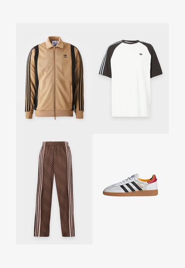 Tan zippered træningsjakke lavet af tekstureret stof, med sorte vertikale striber på ærmerne og et Adidas-logo på brystet.; Hvid T-shirt med sorte raglan-ærmer, med blå stribede accenter på skuldrene og et lille sort logo på brystet.; Brune træningsbukser med lyserøde lodrette striber på siderne og et gentaget løvmønster over det hele, elastisk talje, lige ben pasform.; Hvid Adidas Spezial sneaker med sorte striber, gummisål, quiltet mønster, rød hælflap og gul inderfor, set fra siden.