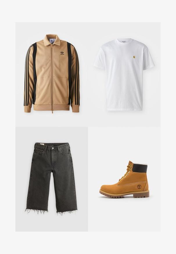 Cognacová zipsová športová bunda vyrobená z textúrovanej látky, s čiernymi vertikálnymi pruhmi na rukávoch a logom Adidas na hrudi.; Biele bavlnené tričko s krátkymi rukávmi, okrúhlym výstrihom, s malým zlatým logom na ľavej strane hrude. Mäkká textúra a normálny strih.; Čierne široké džínsy s roztrhnutým lemom vyrobené z denimu, s piatimi vreckami a kovovým zapínaním. Textúra je mierne drsná.; Hnedé kožené ankle boot s kovovými očkami, bielym kožúškom vo vnútri, čiernym vypolstrovaným golierom, robustnou podrážkou a vyrazeným logom na boku.