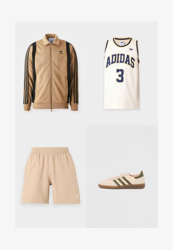 Tan ritsjack gemaakt van textiel, met zwarte verticale strepen op de mouwen en een Adidas-logo op de borst.; Wit mesh mouwloos Adidas sportshirt met marineblauwe en gele afwerking, marineblauw nummer drie en Adidas-logo op de borst.; Beige shorts met elastische tailleband, zijzakken en een klein wit Adidas-logo op het linkerbeen, afgebeeld tegen een effen achtergrond.; Beige Adidas Spezial sneaker met een laag profiel, groene strepen, een gumkleurige zool en "SPEZIAL" branding aan de zijkant, gezien vanaf de buitenzijde.