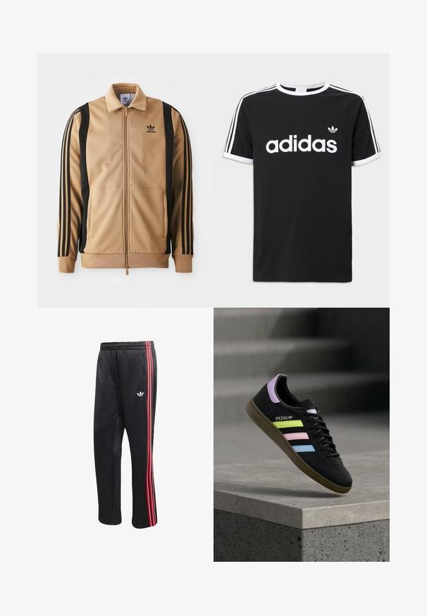 Vihreä vetoketjullinen urheilutakki, joka on valmistettu teksturoidusta kankaasta. Takissa on mustat pystysuorat raidat hihoissa ja Adidas-logo rinnassa.; Musta puuvillainen t-paita, jossa on valkoinen Adidas-logo, kolme valkoista raitaa olkapäillä sekä valkoiset reunukset kaula-aukossa ja hihoissa.; Mustat verkkarit, joissa on pystysuora ribbineulostekstuuri, punaiset ja valkoiset sivuraidat sekä pieni valkoinen logo vasemmassa lahkeessa.; Musta Adidas Spezial -lenkkari, jossa pastellin keltaiset, vaaleanpunaiset ja siniset raidat, laventelinvärinen kantalenkki ja ruskea pohja, leijuu betonireunan yläpuolella.