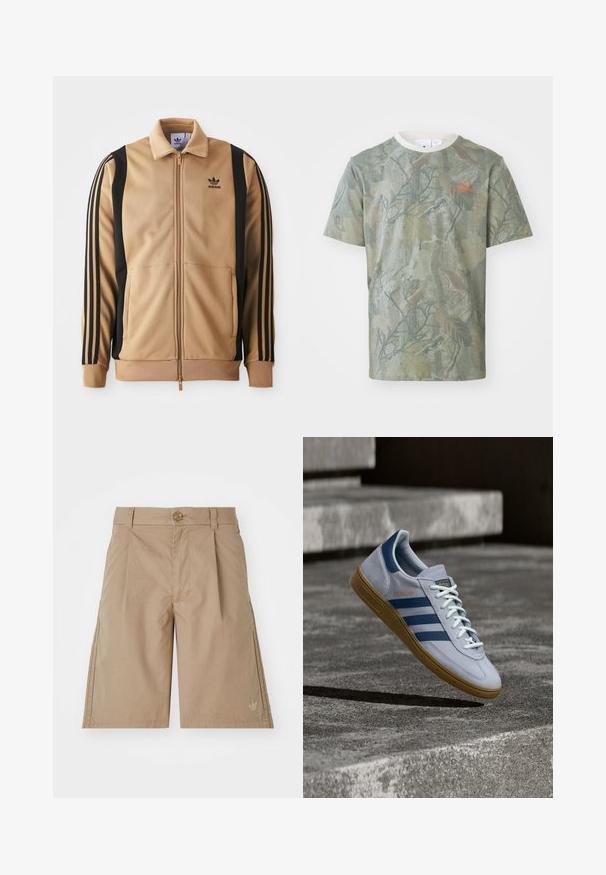 Veste de survêtement zippée de couleur bronze, fabriquée en tissu texturé, avec des rayures verticales noires sur les manches et un logo Adidas sur la poitrine.; T-shirt vert à motif camouflage, manches courtes, col rond, avec un logo orange sur le côté gauche de la poitrine. Fabriqué en tissu léger.; Shorts en coton beige avec une coupe droite, des plis à l'avant et une fermeture à un seul bouton. Présente un logo discret sur le côté inférieur gauche.; Baskets Adidas Spezial bleu clair avec des rayures bleu marine et une semelle en gomme, montrées en l'air au-dessus d'escaliers en béton dans un environnement extérieur neutre.