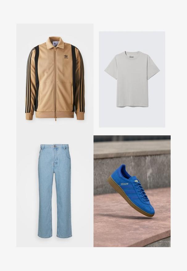 Vihreä vetoketjullinen urheilutakki, joka on valmistettu teksturoidusta kankaasta. Takissa on mustat pystysuorat raidat hihoissa ja Adidas-logo rinnassa.; Vaaleanharmaa puuvillainen T-paita, jossa on pyöreä kaula-aukko ja lyhyet hihat. Ominaisuuksiin kuuluu minimalistinen muotoilu ja rento istuvuus. Ei kuvioita eikä koristeita.; vaaleansiniset farkut suoran lahkeiden muotoilulla, joissa on nappikiinnitys, vyölenkit ja kaksi etutaskua.; Sininen Adidas Spezial -tennari kumipohjalla, nauhat sidottuina, roikkuu sileän kivipinnan yläpuolella lähellä harmaata betoniseinää.