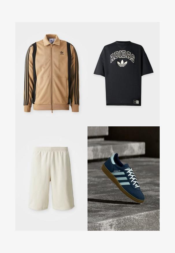 Tan zippered træningsjakke lavet af tekstureret stof, med sorte vertikale striber på ærmerne og et Adidas-logo på brystet.; Sort Adidas sportst-shirt med korte ærmer i perforeret stof, hvid Adidas tekst og trefoil-logo foran samt mærke i nærheden af kanten.; Lys beige træningsshorts med elastisk talje, glat tekstur og diskret logo-detalje på venstre side forneden. Ingen lommer.; Blå Adidas Spezial sneaker med hvide striber og snørebånd, gummisål, svævende over en ru betongoverflade og trin i baggrunden.