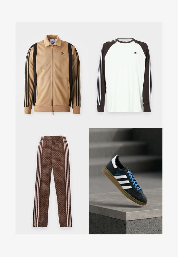 Tan zippered træningsjakke lavet af tekstureret stof, med sorte vertikale striber på ærmerne og et Adidas-logo på brystet.; Hvid langærmet skjorte med brune raglanærmer. Har blå og hvide stribede detaljer på ærmerne og et lille logo på brystet.; Brune træningsbukser med lyserøde lodrette striber på siderne og et gentaget løvmønster over det hele, elastisk talje, lige ben pasform.; Sort Adidas sneaker med hvide striber, blå snørebånd og gummisål, der svæver over gråt betontrin i blødt lys.