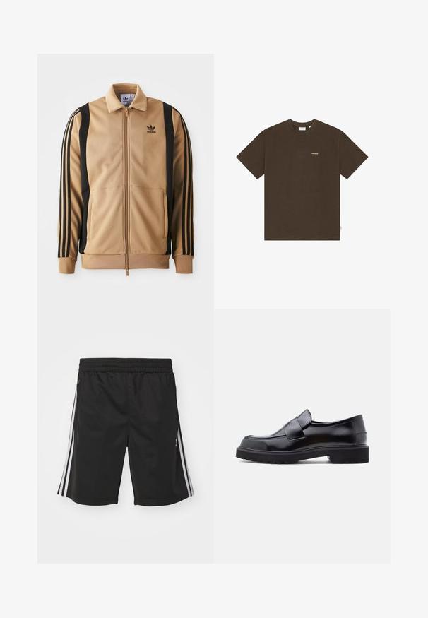 Vihreä vetoketjullinen urheilutakki, joka on valmistettu teksturoidusta kankaasta. Takissa on mustat pystysuorat raidat hihoissa ja Adidas-logo rinnassa.; Ruskea lyhythihainen pyöreäkauluksinen T-paita, jossa vasemmassa rinnassa pieni beige "LES DEUX" -teksti, valkoisella taustalla.; Mustat urheilushortsit, joissa on joustava vyötärö, valkoisilla sivunauhoilla ja sileällä kangasrakenteella. Ilman lisäkoristeita.; Musta nahkainen liukukengät, joissa on tyylikäs muotoilu, pyöreä varvas ja paksu, teksturoitu kumipohja. Edessä koristeellinen hihna.