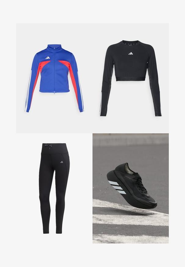 adidas Sportswear TIRO - Trainingsjacke - semi lucid blue/pure ruby/white; Schwarzes, verkürztes Langarm-Workout-Oberteil aus glattem Material. Mit einem weißen Logo auf der Brust und gestreiften Akzenten an den Ärmeln.; Schwarze Leggings mit hohem Taillenbund, Kordelzugdetails und Seitentaschen. Hergestellt aus glattem Stoff mit reflektierendem Logo-Akzent.; Schwarzer Laufschuh mit weißen Streifen auf der Sohle, schwebt über Asphalt mit weißen Straßenmarkierungen und wirbelt kleine Schmutzpartikel auf.